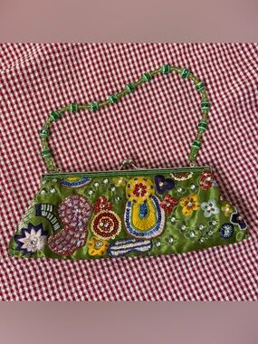 Vintage Y2K Green Fairy Beaded Embroidered Satin Kisslock Bag with Chain